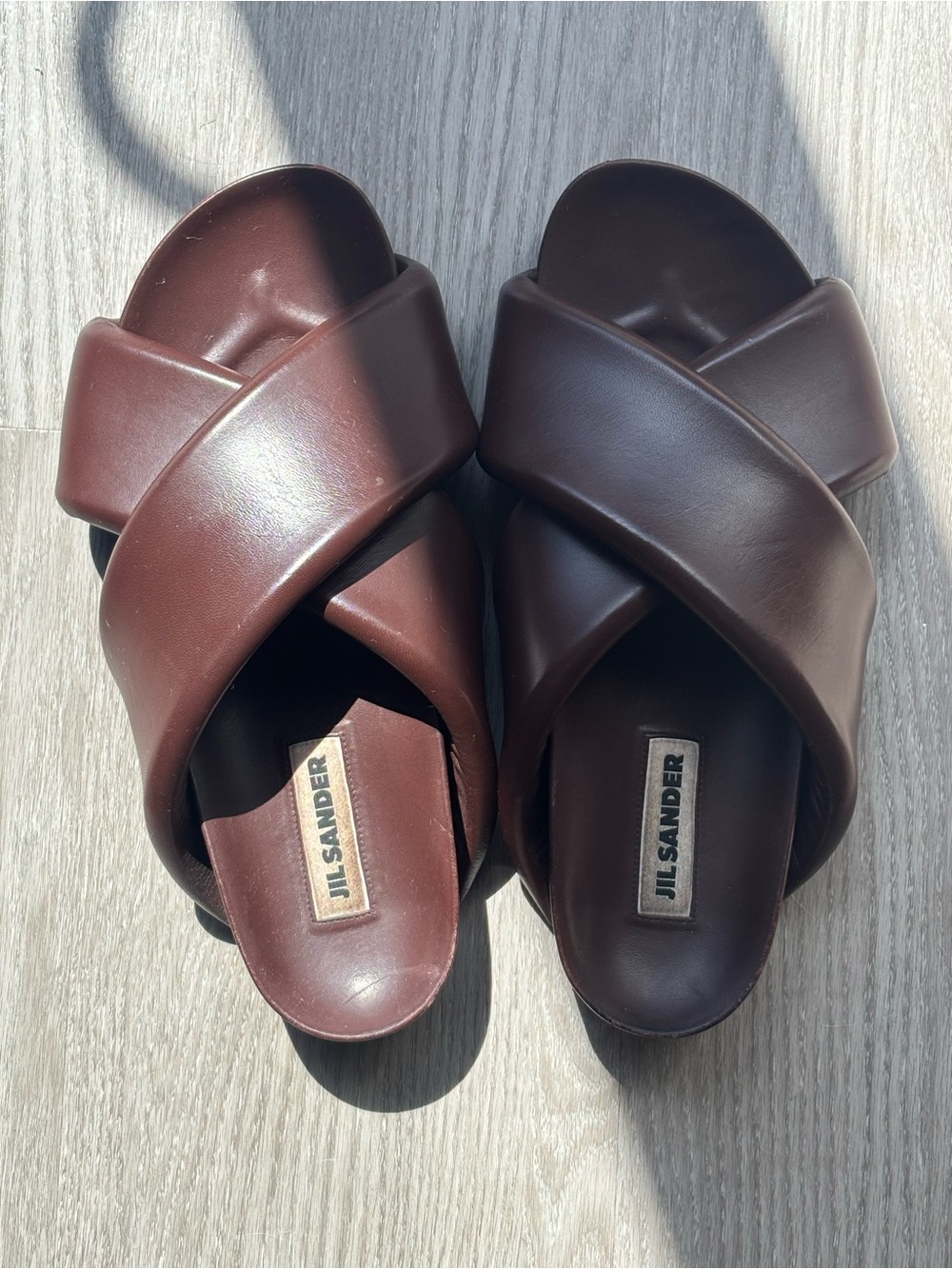 Jil Sander Dark Brown Leather Crossover Slide Sandals